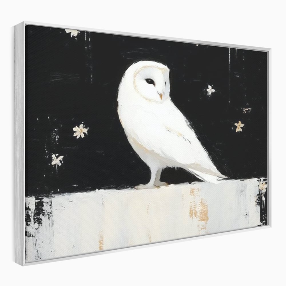 Tablou canvas cu tablou canvas cu bufnita alba, in rama de aluminiu argintiu